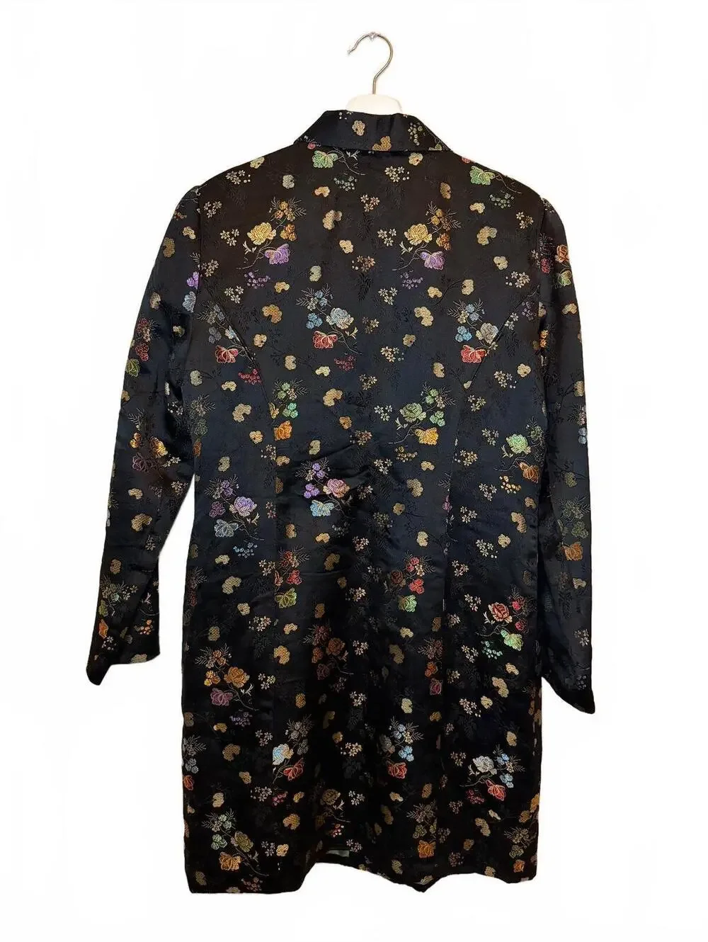 Black Floral Brocade Coat Silk Blend Chinoiserie Evening Formal Jacket Size L